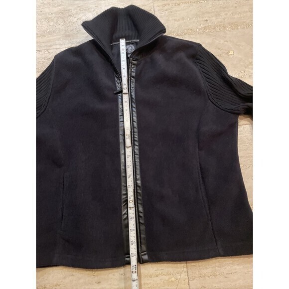 DEBBIE MORGAN by DESIGN L black fleece jacket Knitted collar sleeve Leather Trim - Picture 4 of 5